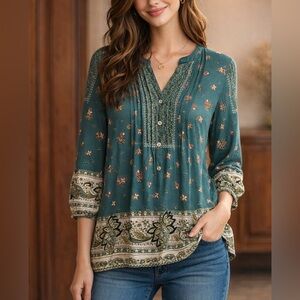 Fig & Flower Women’s Green Floral Print Peasant Top Size S